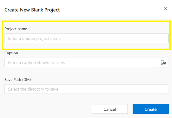 Create New Blank Project Project Name